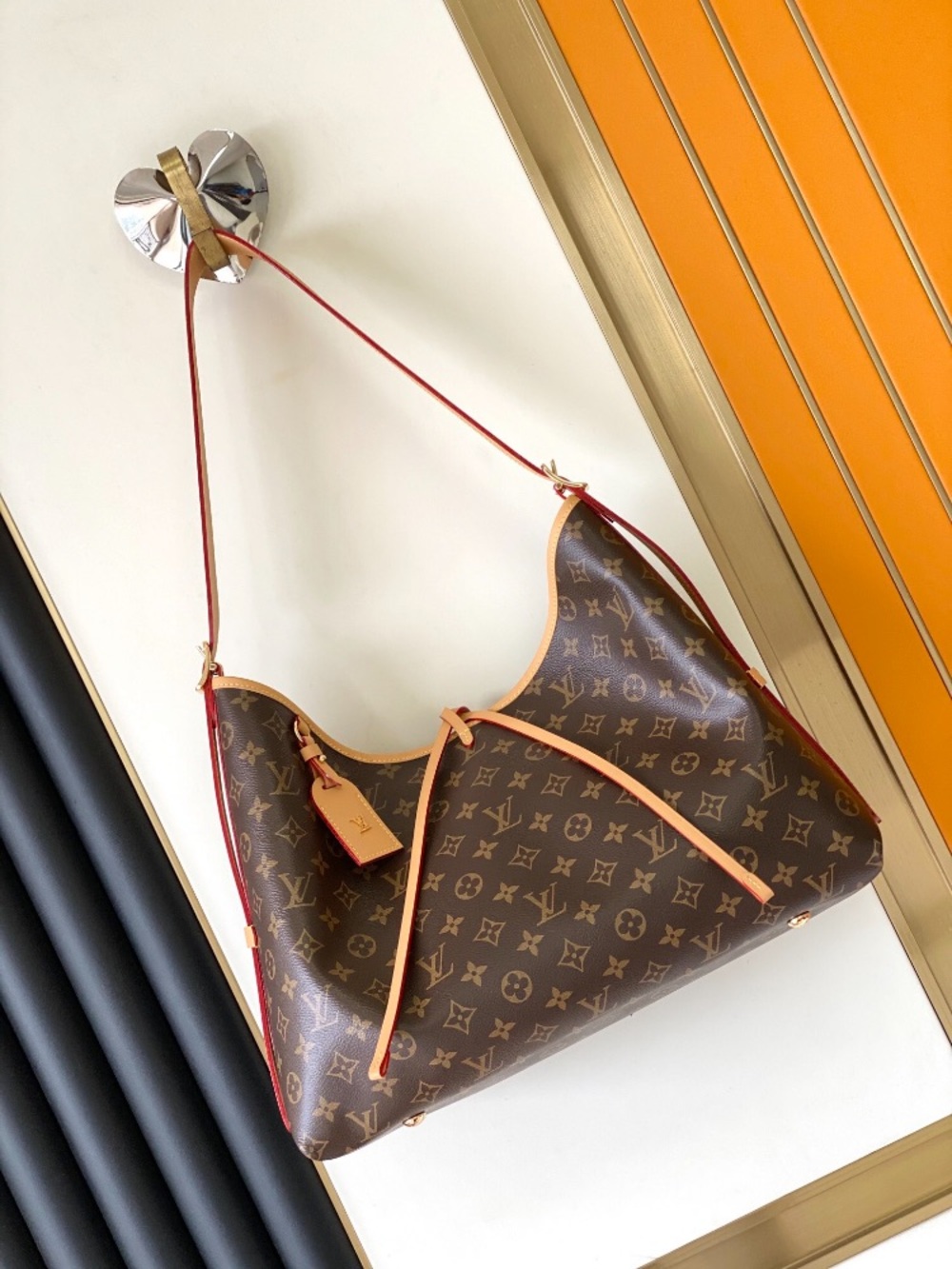 Louis Vuitton Brown Monogram Hobo Shoulder Bag with Red Strap